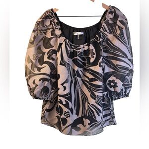 Trina Turk Black and Beige Floral Blouse Puff Sleeve Lined Bodice Size Small